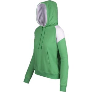 A green women's juniors hoodie with contrast white panels and a front pocket, featuring a hood and long sleeves.