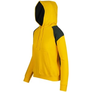 A yellow hoodie featuring dark green contrast panels on the shoulders and kangaroo pocket, with a hood.