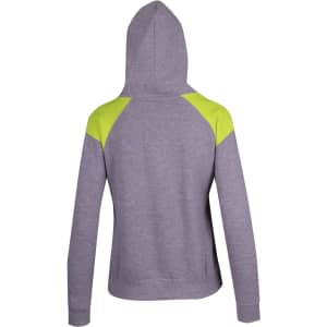 A grey hoodie with black contrast panels on the shoulders and a hood, featuring a logo on the back.