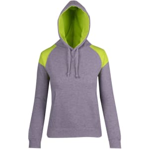 A grey hoodie with contrasting bright green panels on the shoulders and inside the hood. It features a front pocket and a hood.