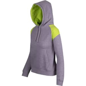 A grey hoodie with contrasting bright green shoulder panels and a front pouch pocket, featuring a hood.