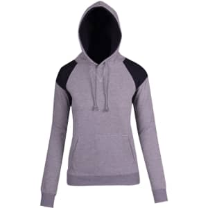 A grey hoodie with black shoulder contrast panels and a drawstring hood, featuring a front pouch pocket and a logo.