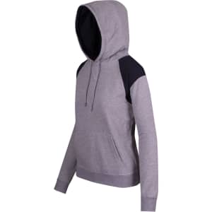 A women's juniors grey hoodie with black contrast panels and a front pocket, featuring an adjustable drawstring hood.