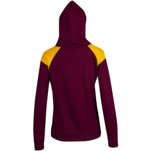 A women's juniors hoodie featuring a burgundy body and yellow contrast panels on the shoulders. It has a hood and long sleeves.