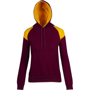 A maroon hoodie featuring contrasting yellow shoulder panels and a matching hood, with a front pocket and drawstring.