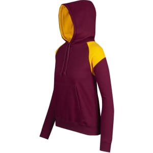 A maroon hoodie with yellow contrast panels on the shoulders, featuring a front pocket and a hood.