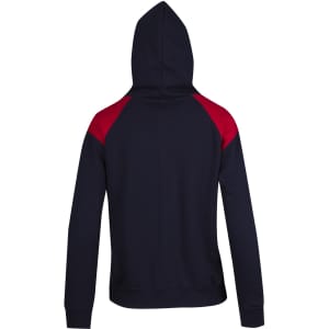 A navy hoodie with red contrast panels on the shoulders and a hood, featuring a logo on the back.