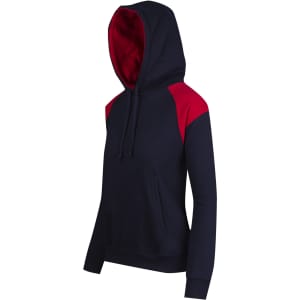 A navy hoodie with red shoulder contrast panels, featuring a kangaroo pocket and a drawstring hood.