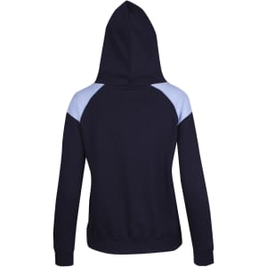 A navy hoodie with light blue contrast panels on the shoulders, featuring a hood and ribbed cuffs.