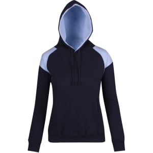 A navy hoodie with light blue contrast panels, featuring a hood and long sleeves. Includes a logo on the front.