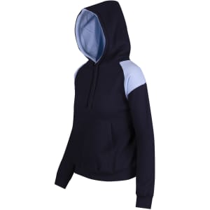 A navy and light blue women's juniors shoulder contrast panel hoodie with a kangaroo pocket and hood. Features a logo.