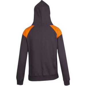 A dark grey hoodie with orange contrast panels on the shoulders and a hood. Features a logo on the back.