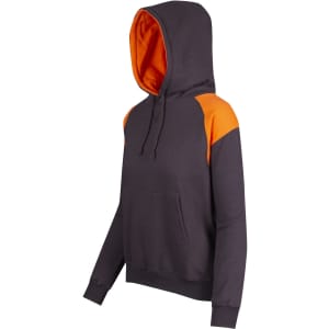 A grey hoodie with orange contrast panels and a front pocket, featuring a hood and long sleeves.