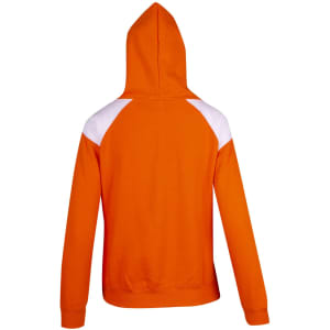 An orange hoodie featuring white contrast panels on the shoulders and a hood.