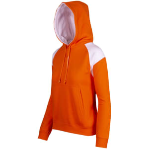 An orange hoodie featuring white contrast panels, a front pocket, and a drawstring hood. It has a logo.
