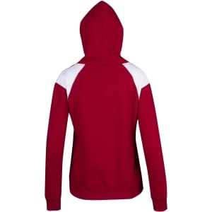 A red hoodie featuring white contrast panels on the shoulders and a hood. Includes a logo on the garment.