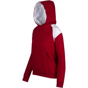 A red hoodie with white contrast panels and a front pocket, featuring a hood and long sleeves.