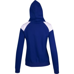 A women's juniors hoodie in navy blue with white contrast panels on the shoulders and a hood.