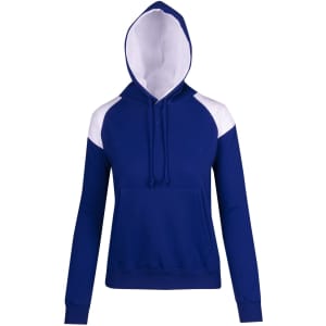 A women's junior hoodie in navy blue with white contrast panels and a front pocket. It features a hood and drawstrings.