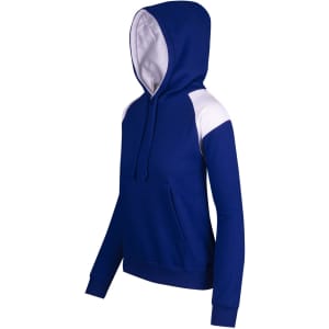 A blue and white women's juniors shoulder contrast panel hoodie with a front pocket and a drawstring hood.