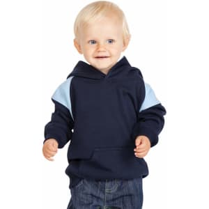 A child wearing a navy blue hoodie with light blue shoulder panels. The hoodie features a front pocket and a hood.