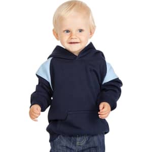 A navy blue hoodie with light blue shoulder panels worn by a smiling toddler. The hoodie has a front pocket and a hood.
