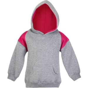 A grey hoodie with pink contrast panels on the shoulders and a large hood, featuring a front pocket.