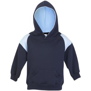 A navy hoodie with light blue contrast panels and a hood, featuring a front pocket and branding.