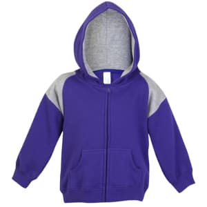 A purple hoodie with grey contrast panels and a zipper, featuring a hood and front pockets.