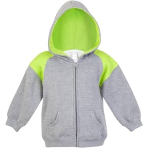 A grey hoodie with a green contrast panel and a front zipper, featuring a hood and two front pockets.
