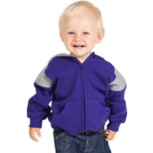 A toddler in a purple hoodie with grey shoulder panels and a front zipper, smiling against a white background.