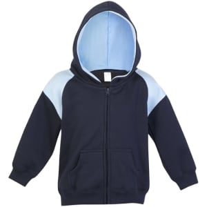 A navy blue hoodie with a light blue contrast panel, featuring a zip front and a hood. It includes a logo.