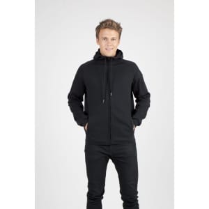 A black men's hoodie made from soft cotton and bonded polar fleece, featuring a hood and pockets.