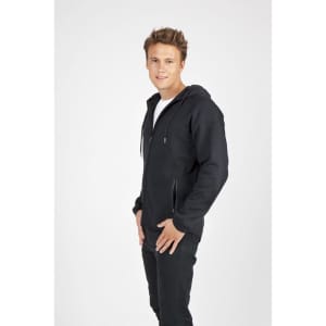 A black hooded jumper made of soft cotton and bonded polar fleece, featuring a zip and side pockets.