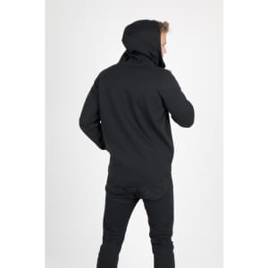 A black men's hoodie made from soft cotton and bonded polar fleece, featuring a hood and a logo.