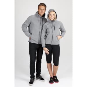 A grey bonded polar fleece hoodie for men and women, featuring pockets and a logo. Suitable for casual wear.