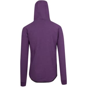 A purple hoodie made from 320gsm soft cotton and bonded polar fleece, featuring a hood and a logo.