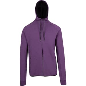 A purple hoodie with a black interior, featuring a front zip and side pockets, and a hood for warmth.