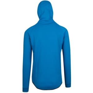 A blue polar fleece hoodie with a hood and long sleeves, featuring a simple design and a logo on the back.
