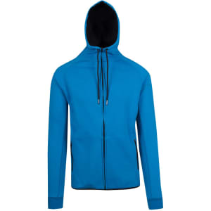 A blue soft cotton bonded polar fleece hoodie with a black interior and zippers. It features a logo on the chest.