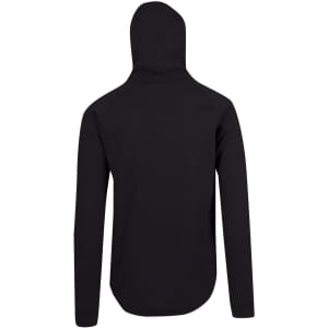 A black men's hoodie featuring a soft cotton and bonded polar fleece material, with a hood and long sleeves.