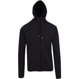 A black men's hoodie made from soft cotton and bonded polar fleece, featuring a hood and zip front, with a logo.