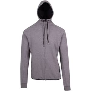 A grey hoodie made from soft cotton and bonded polar fleece, featuring a black-lined hood and zippers.
