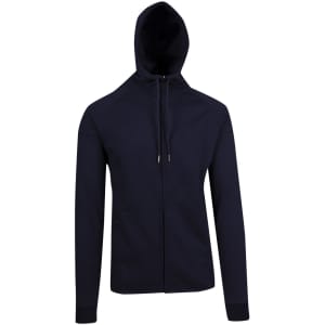 A navy blue men's hoodie made from soft cotton and bonded polar fleece, featuring a hood and zip closure.