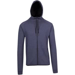 A hooded jumper in navy blue with a zip front and black lining, featuring a logo. Ideal for cooler weather.
