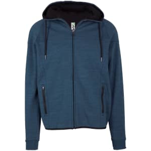A men's hoodie featuring a soft cotton and bonded polar fleece blend in a blue colour with a black hood and zippered pockets.
