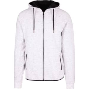 A grey and black men's hoodie made from soft cotton and bonded polar fleece, featuring a zip and front pockets.