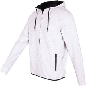 A grey and black hoodie made from soft cotton and bonded polar fleece, featuring a zip front and zippered pockets.