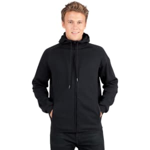 A black men's hoodie made of soft cotton and bonded polar fleece, featuring a hood and zip closure.