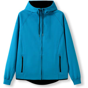 A blue hoodie made from soft cotton and bonded polar fleece, featuring a zip closure and pockets.